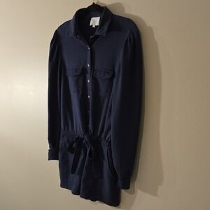 Sundays Navy Blue Button Front Long Sleeve Romper Puff Shoulder Tie Waist Medium